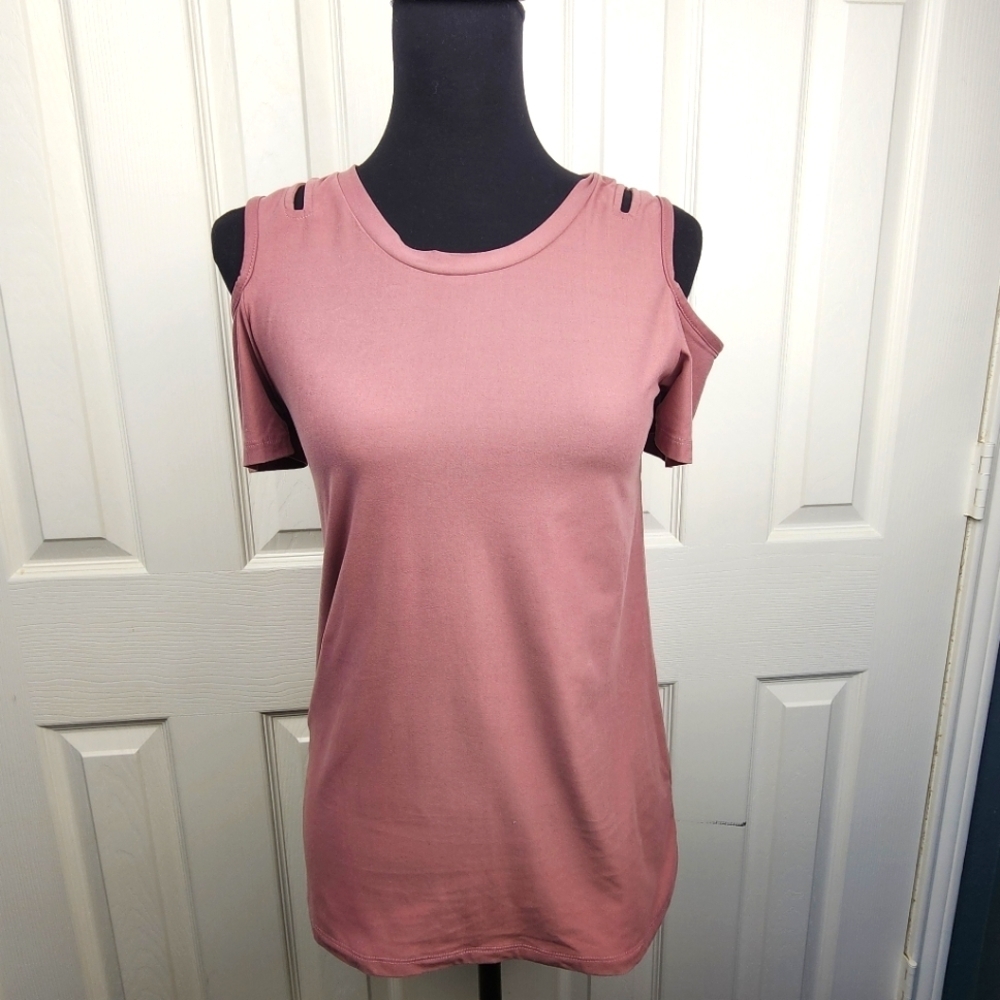 Glitz Cold Shoulder Stretchy Short Sleeve Brown Blouse Size Medium